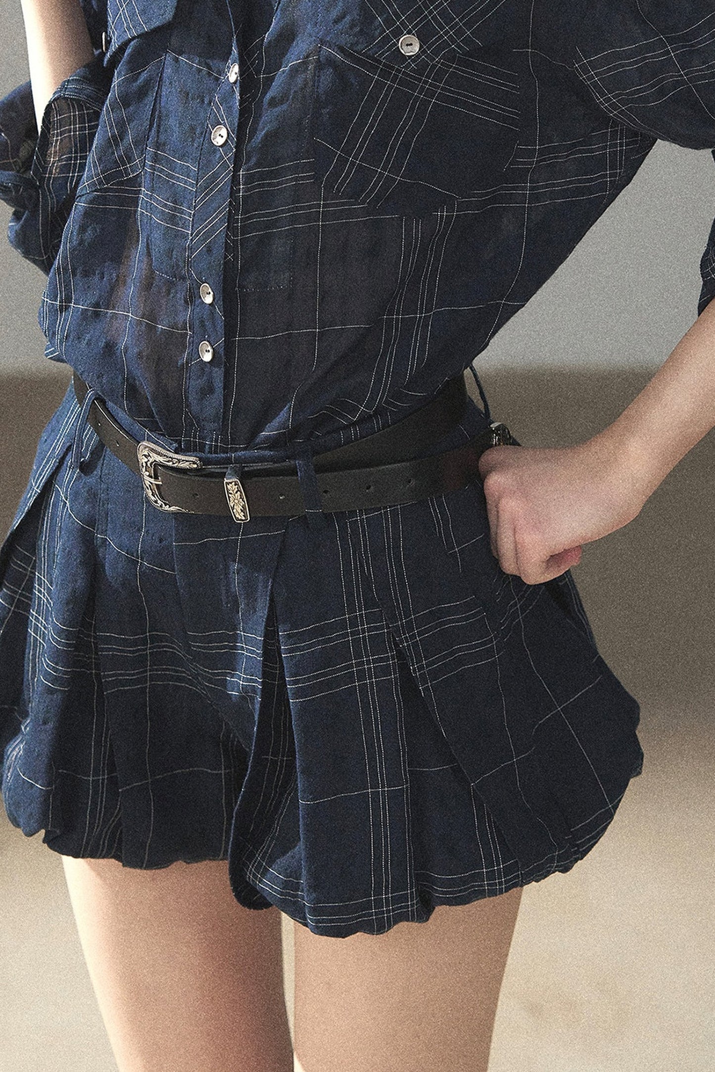 Plaid Layered-Look Shirt And Shorts Set-Up