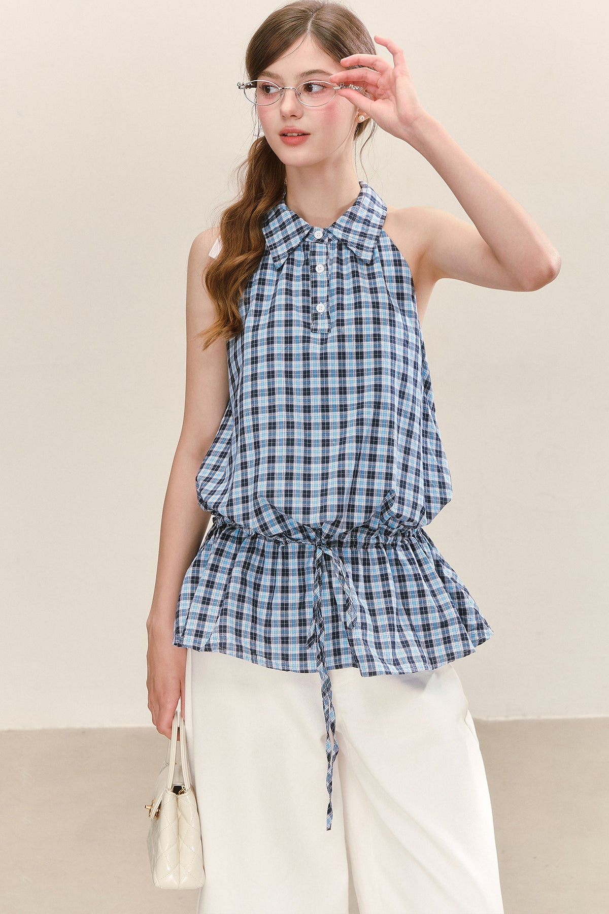 Plaid Sleeveless Halter Drawstring Top Set-Up