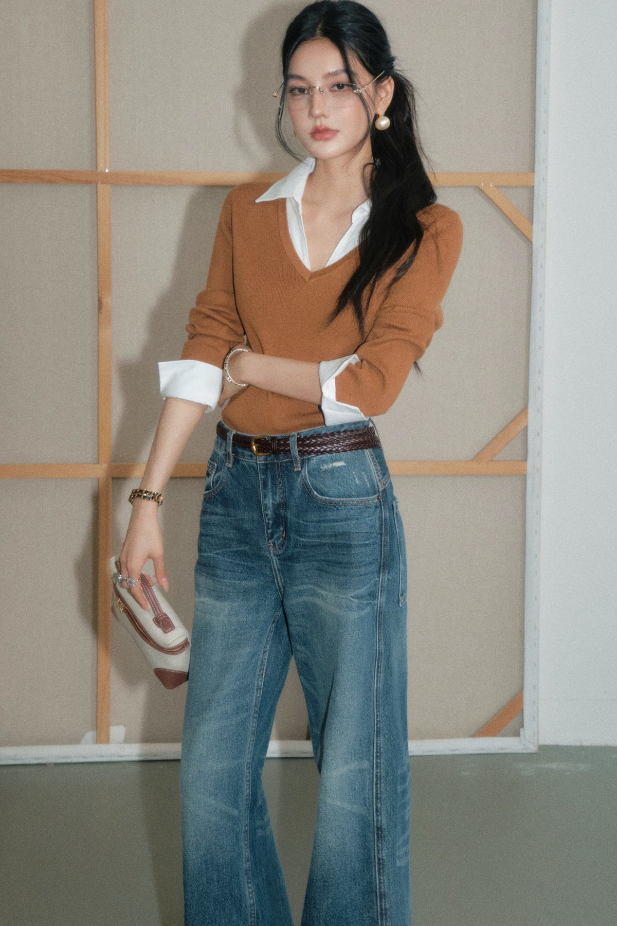 Brown Layered-Look Wool Knit Top and Pants Set