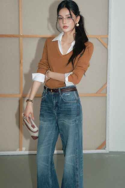 Brown Layered-Look Wool Knit Top and Pants Set