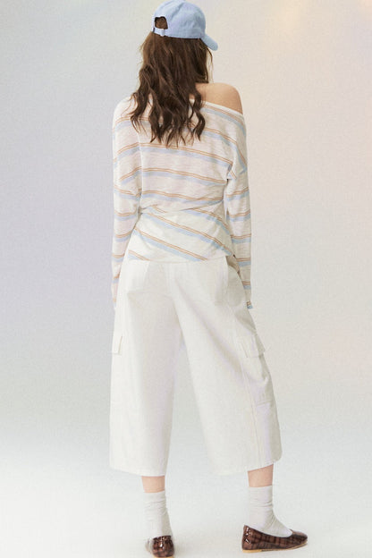 Off-Shoulder Striped Long-Sleeve Blouse