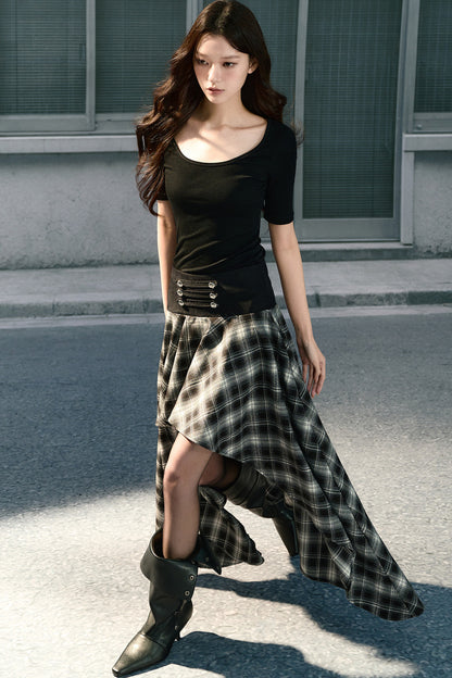 Irregular Hem Long Plaid Skirt