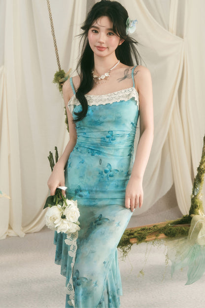 Meerjungfrauenkleid mit Spaghettiträgern und Schmetterlingsspitze