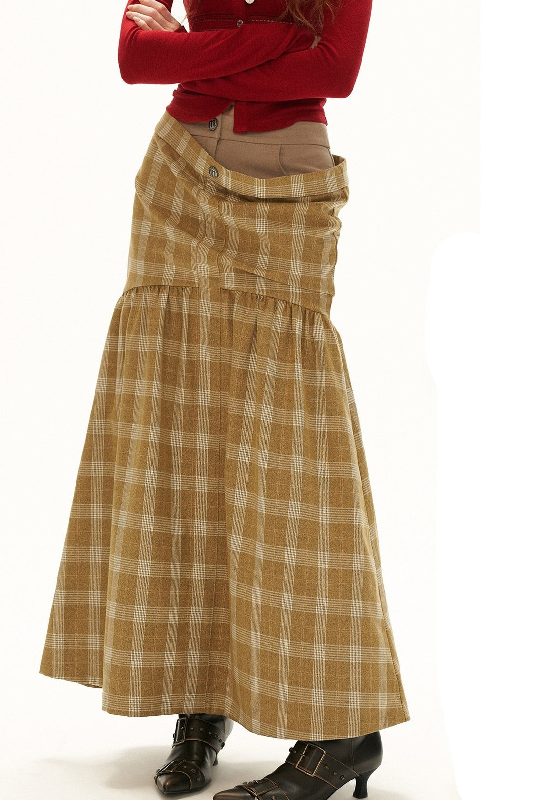 Plaid Drop-Waist Buttoned Long Skirt