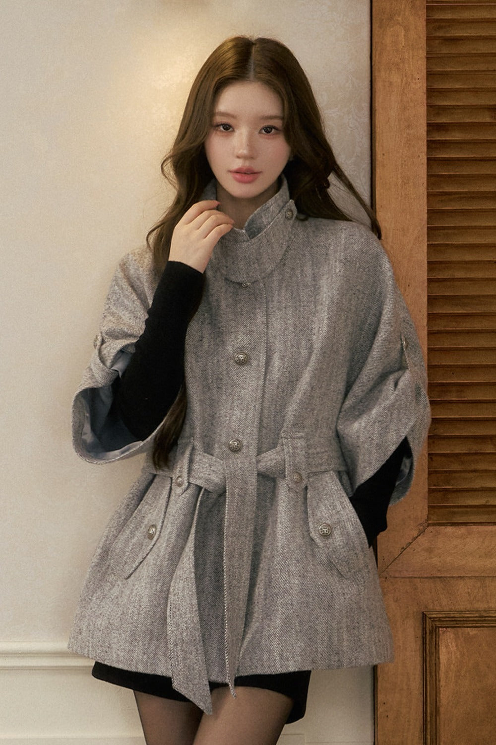 Stand Collar Batwing Wool Cape Jacket