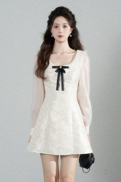 Waist-Cinching A-Line Jacquard Long-Sleeve Dress