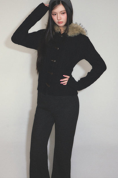 Retro Horn Button Fur Collar Knitted Cardigan