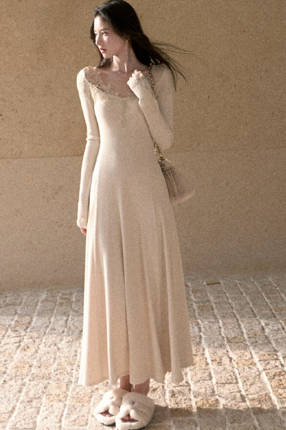 Spliced Lace Trim Long-Sleeve A-Line Dress
