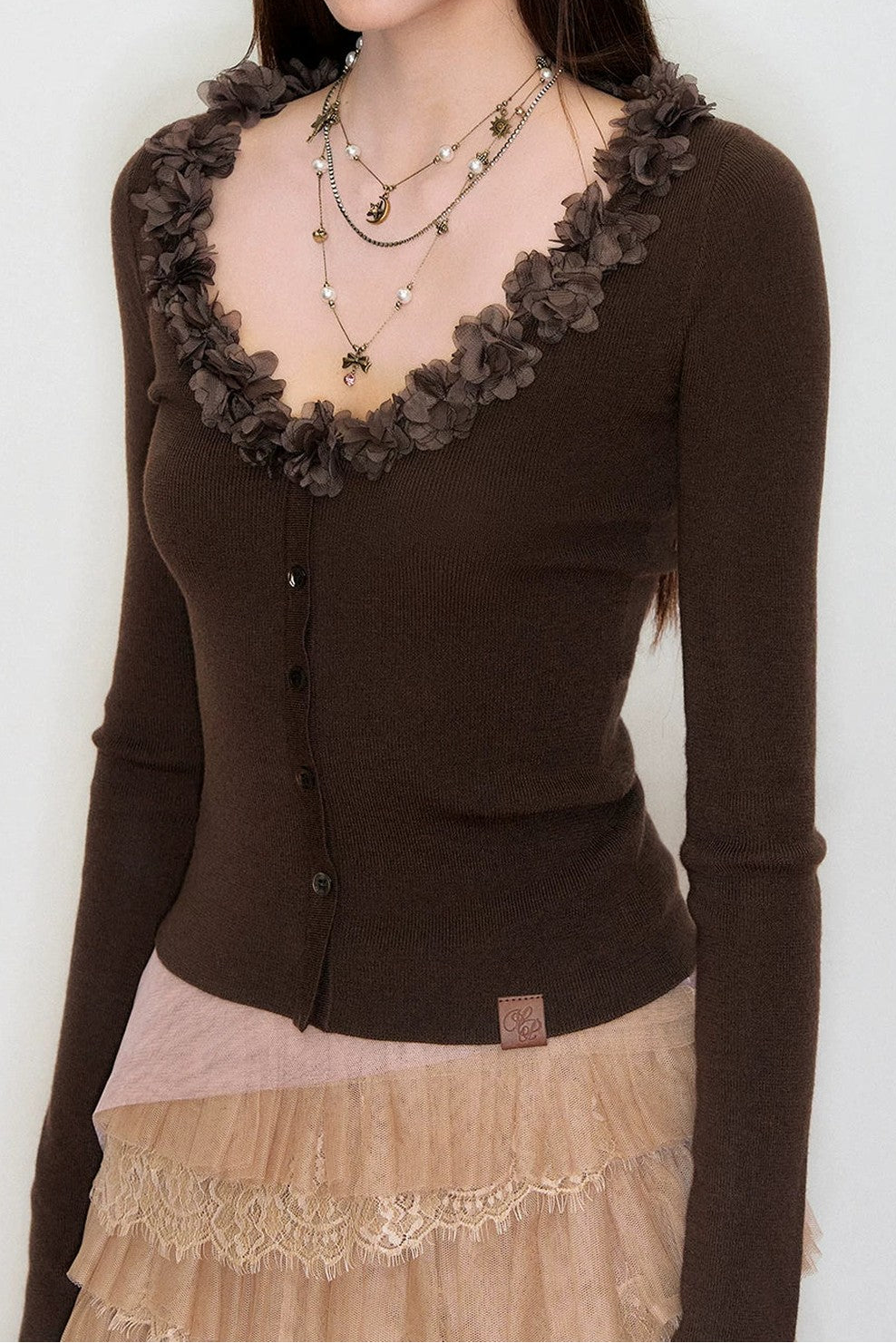 V-Neck Lace Silk Wool Knit Cardigan