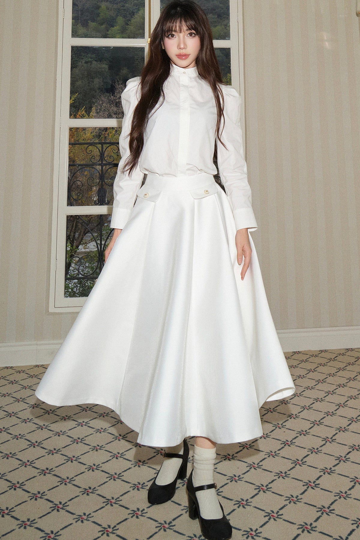 High-Waisted Pleated Mid-Length Skirt