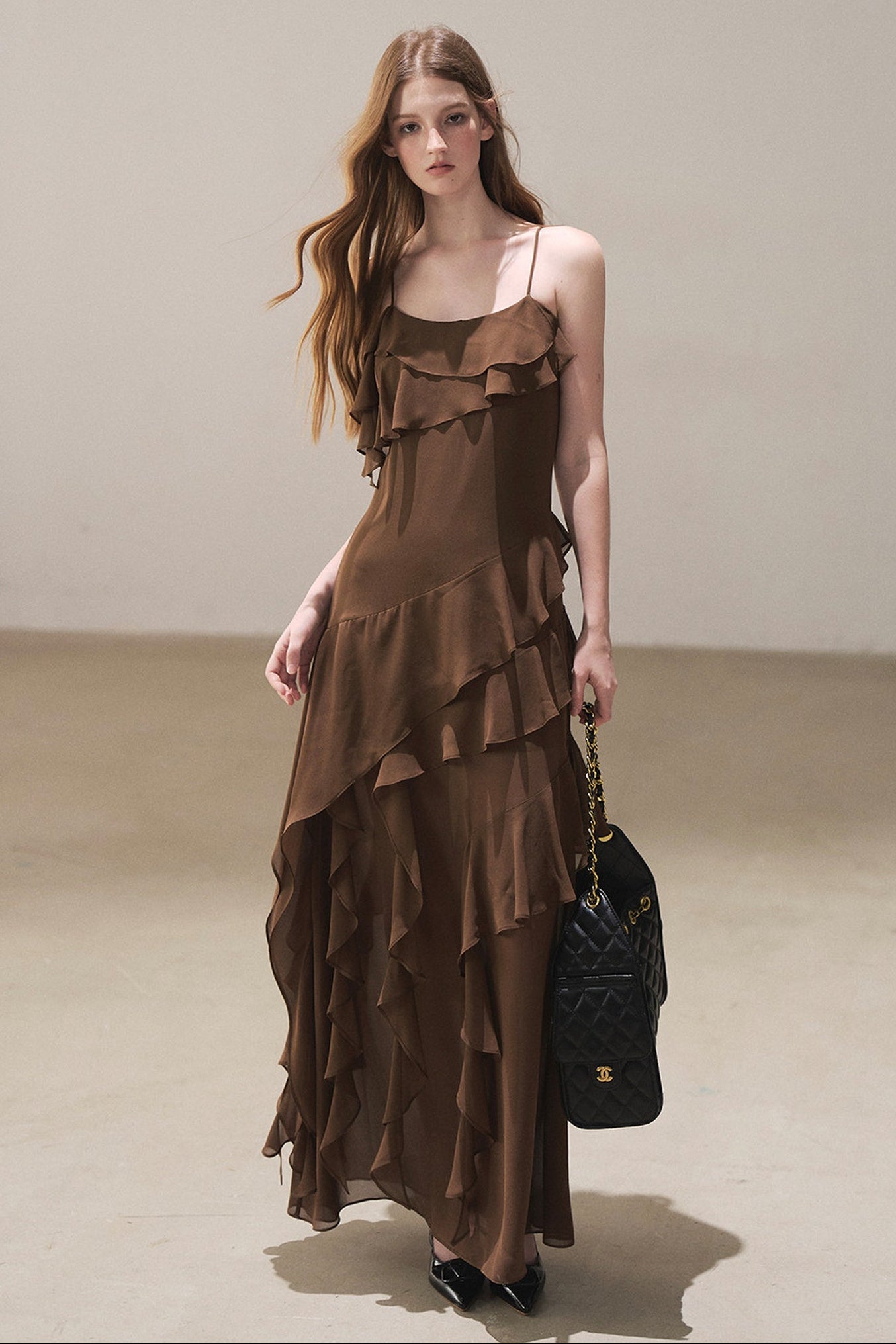 Beige Blazer With Brown Ruffle Spaghetti Strap Dress Set-Up