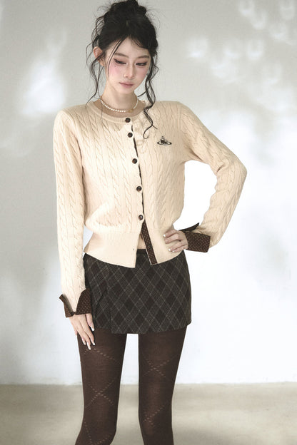 Color-Blocked Polka Dot Cable Knit Cardigan