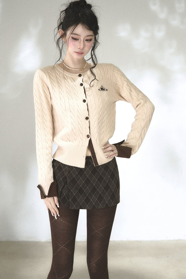 Color-Blocked Polka Dot Cable Knit Cardigan