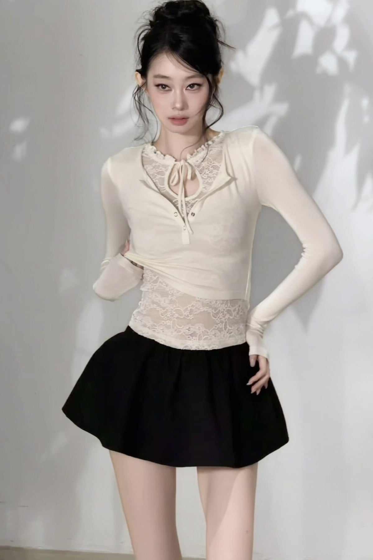 Layered-Look Lace Knit Top