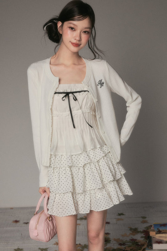Embroidered White Knit Cardigan Set-Up