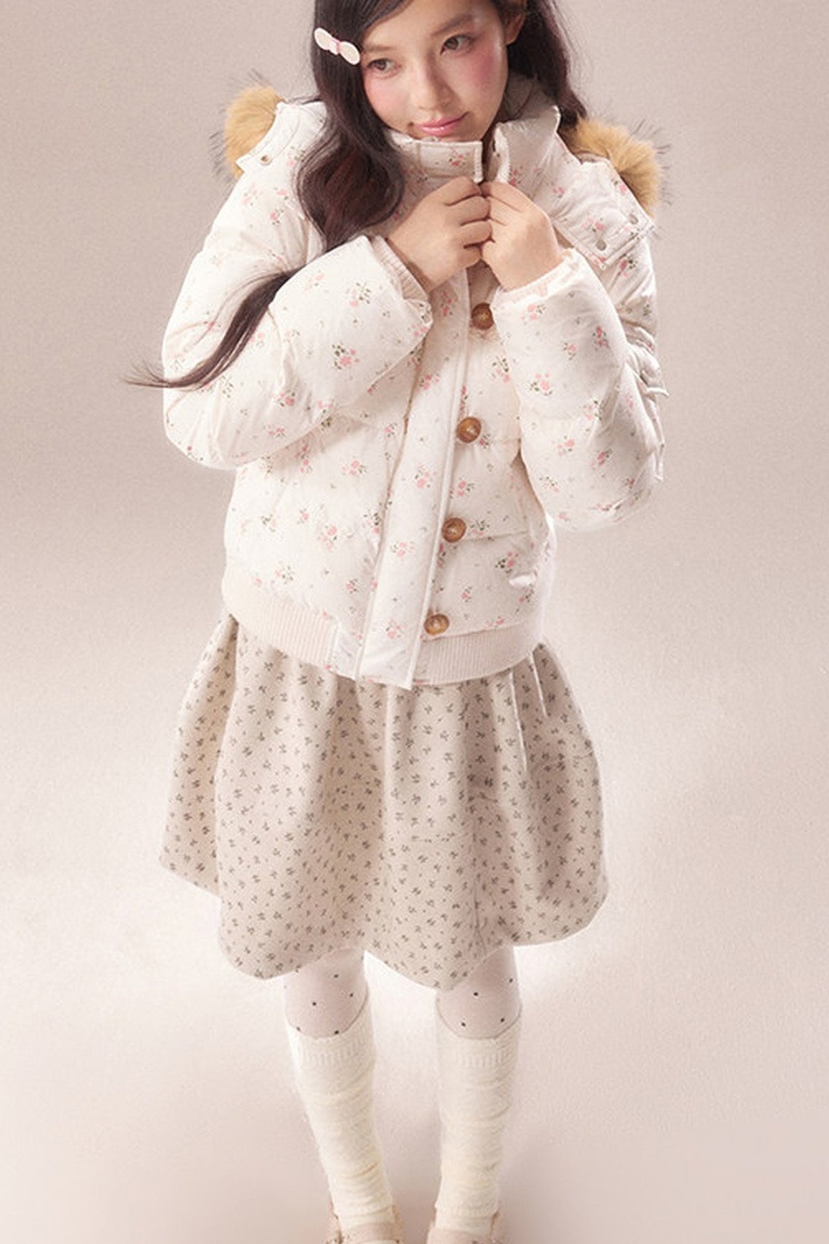 Floral Fur Collar Hooded Toggle Jacket