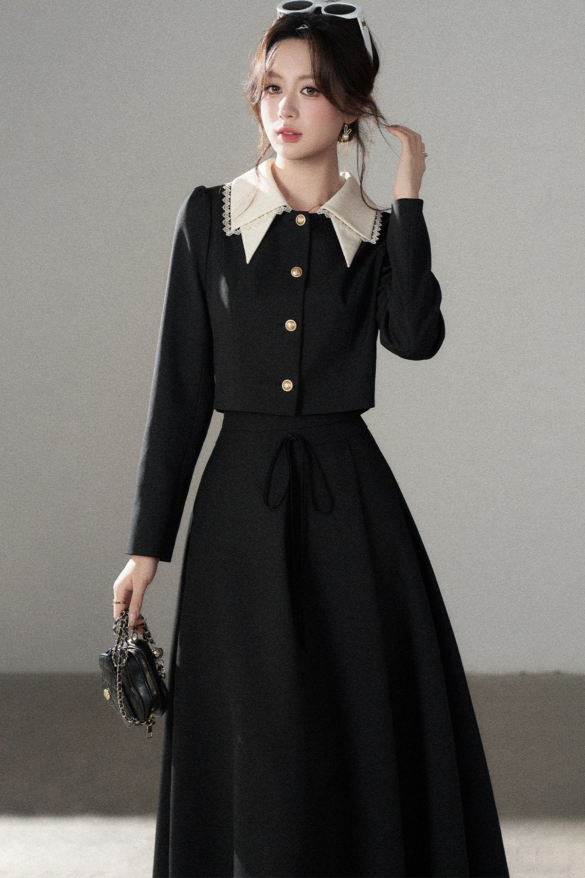 Black Collar Top and Long Skirt Set-Up