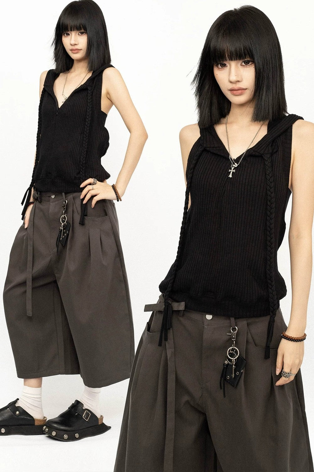 Black Hooded Vest Top
