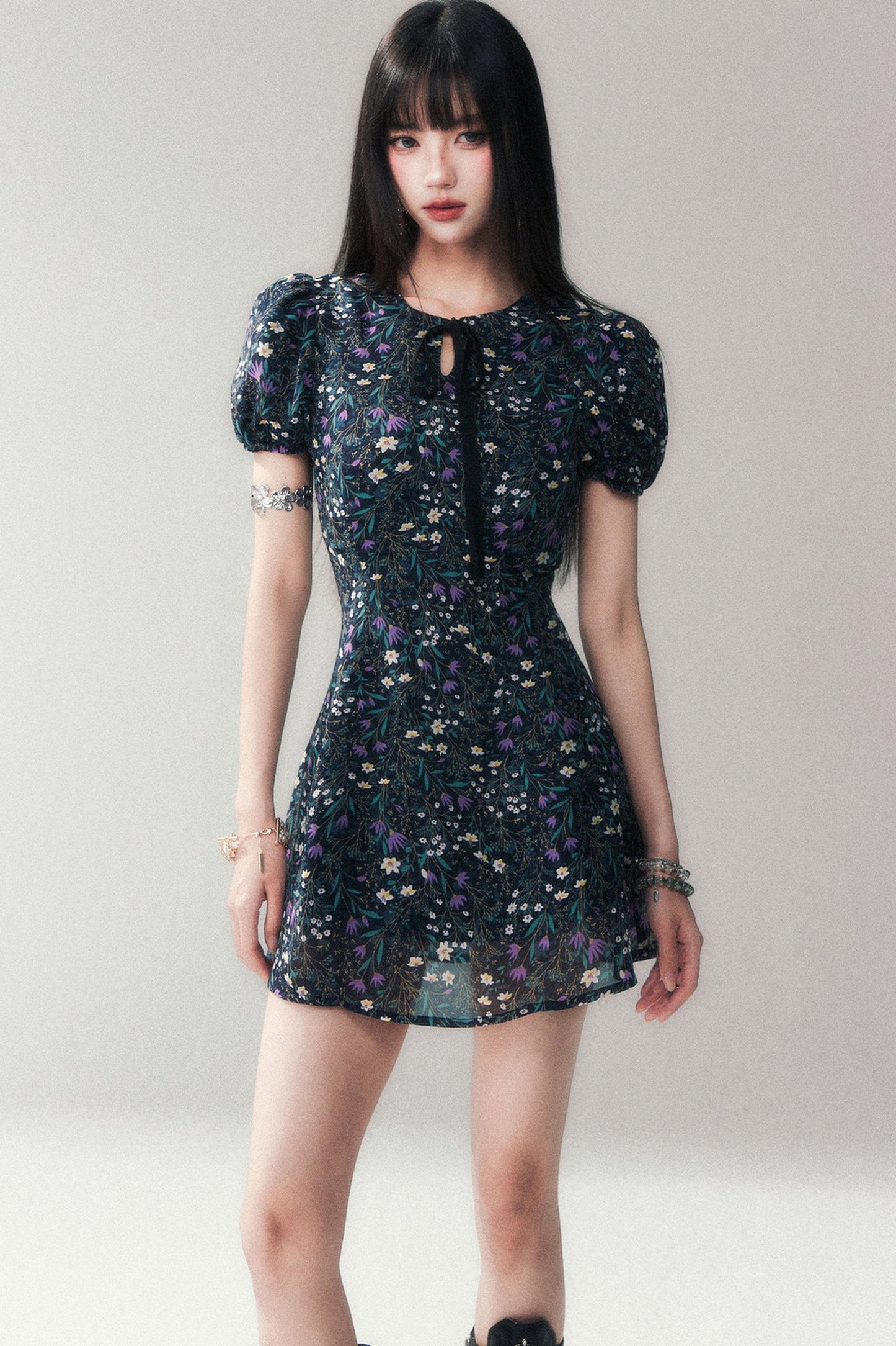 Purple Lilac Floral Puff Sleeve Dress