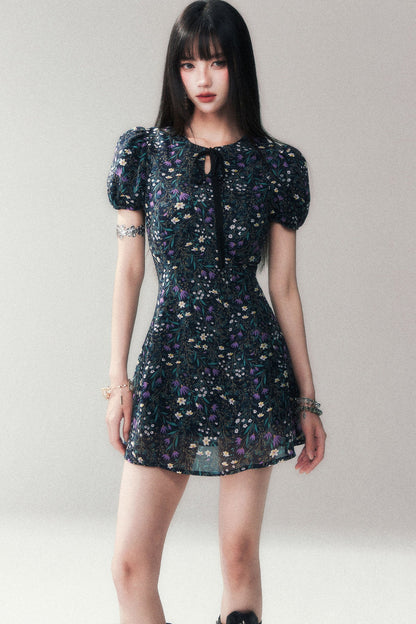 Purple Lilac Floral Puff Sleeve Dress