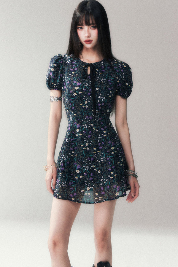Purple Lilac Floral Puff Sleeve Dress