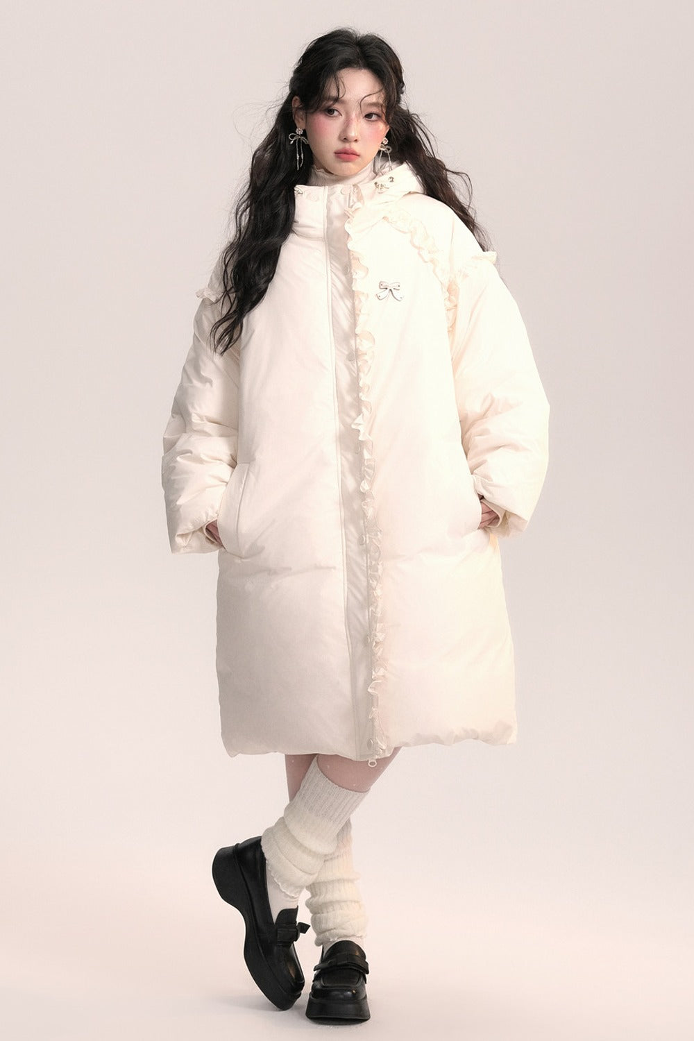 Lace Trim Long Down Jacket