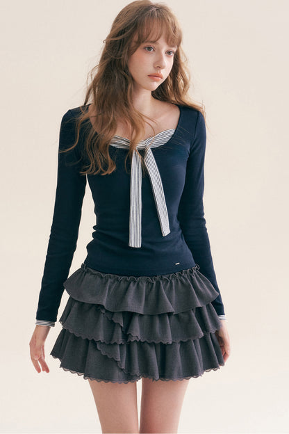 Striped Tie Square Neck Long-Sleeve T-Shirt