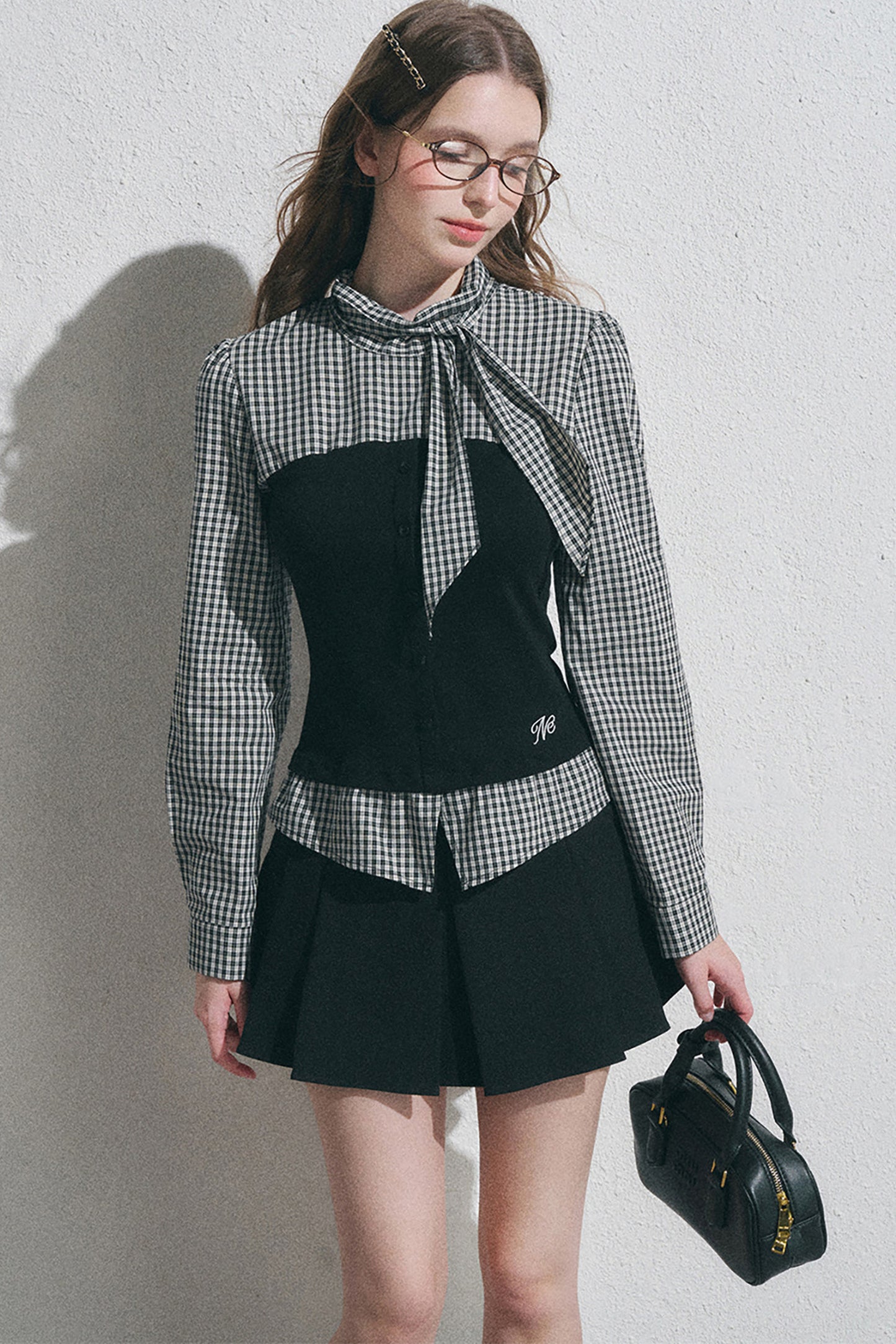 Bow Tie Spliced Shirt and Pleated Mini Skirt Set-Up