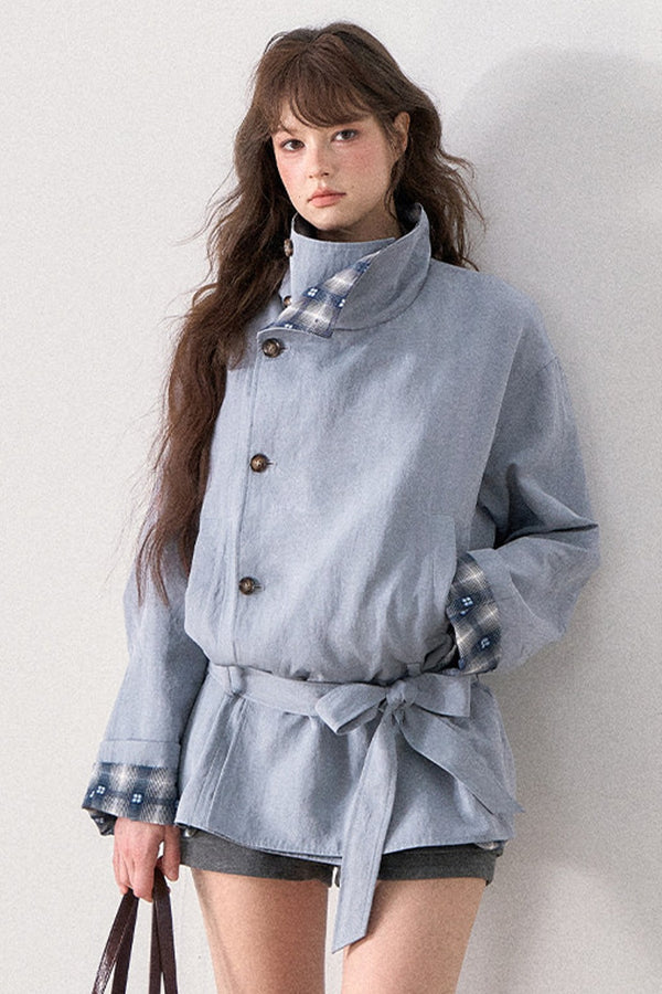 Mint Plaid Patchwork Trench Coat