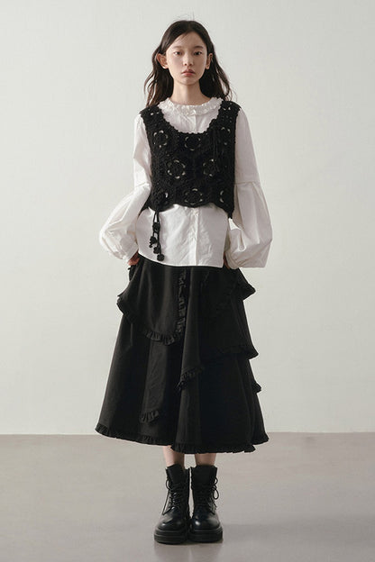 White Ruffled Collar Lantern Sleeve Blouse
