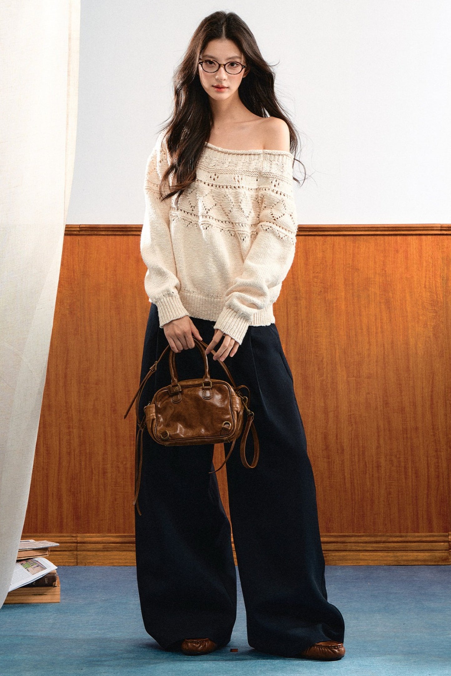 Off-Shoulder Diamond Knit Top