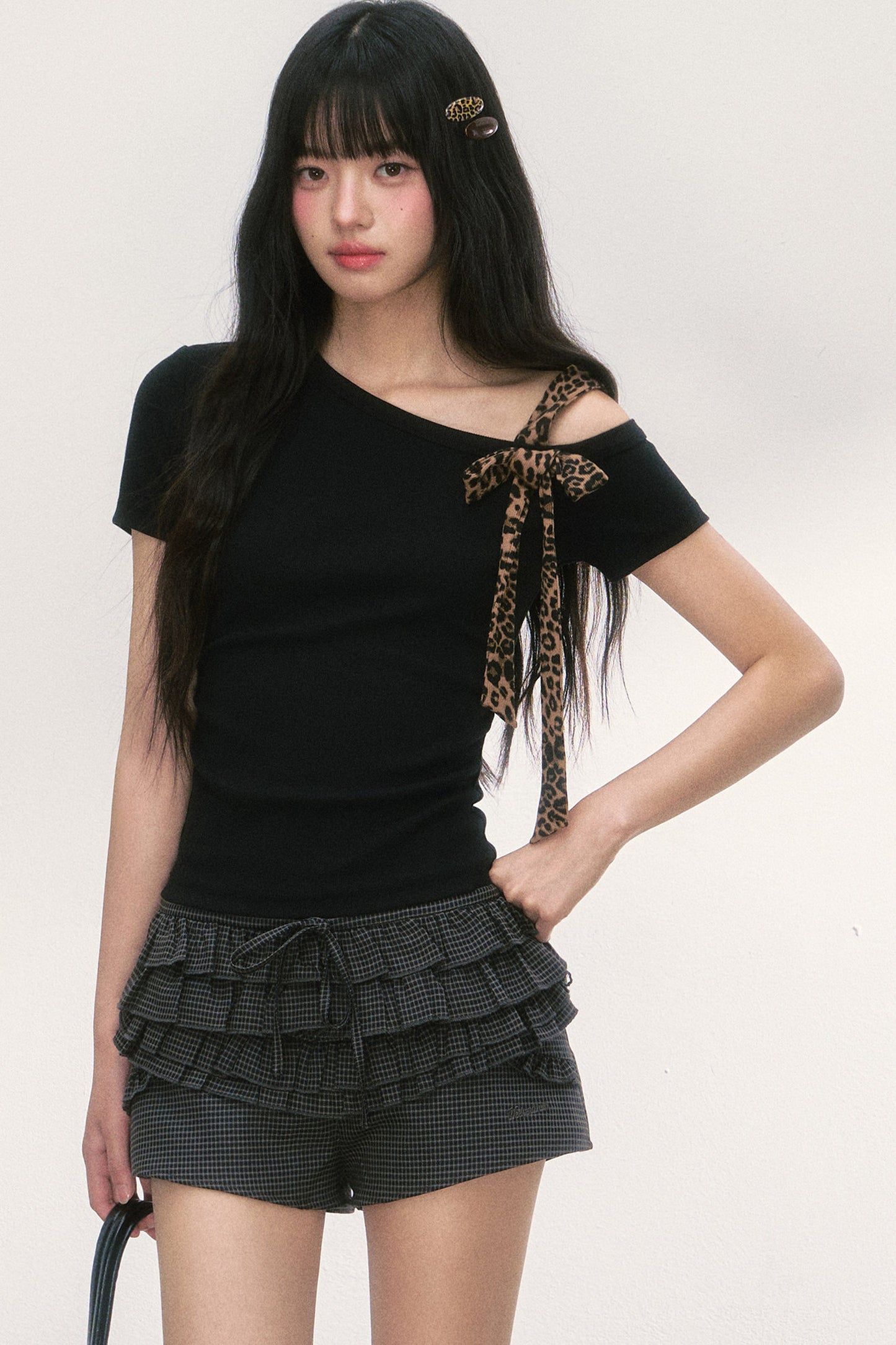 Leopard Bow Asymmetrical Shoulder Short Sleeve T-Shirt