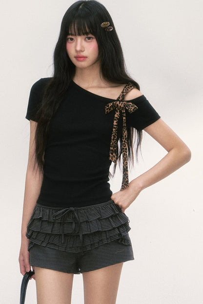 Leopard Bow Asymmetrical Shoulder Short Sleeve T-Shirt