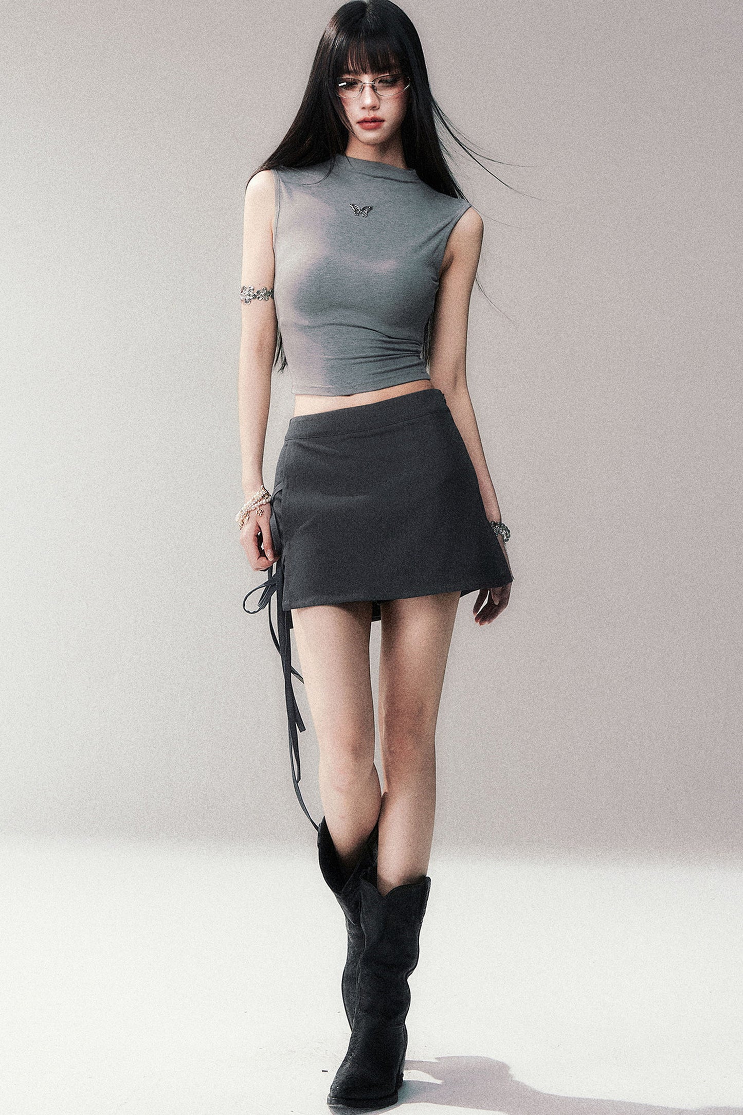 Gray A-Line Tie-Up Skirt Pants