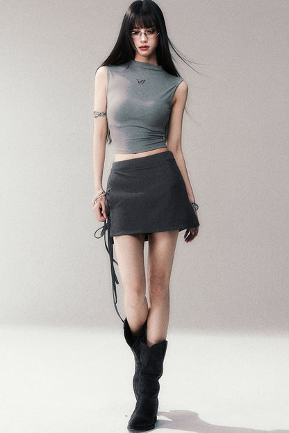 Gray A-Line Tie-Up Skirt Pants