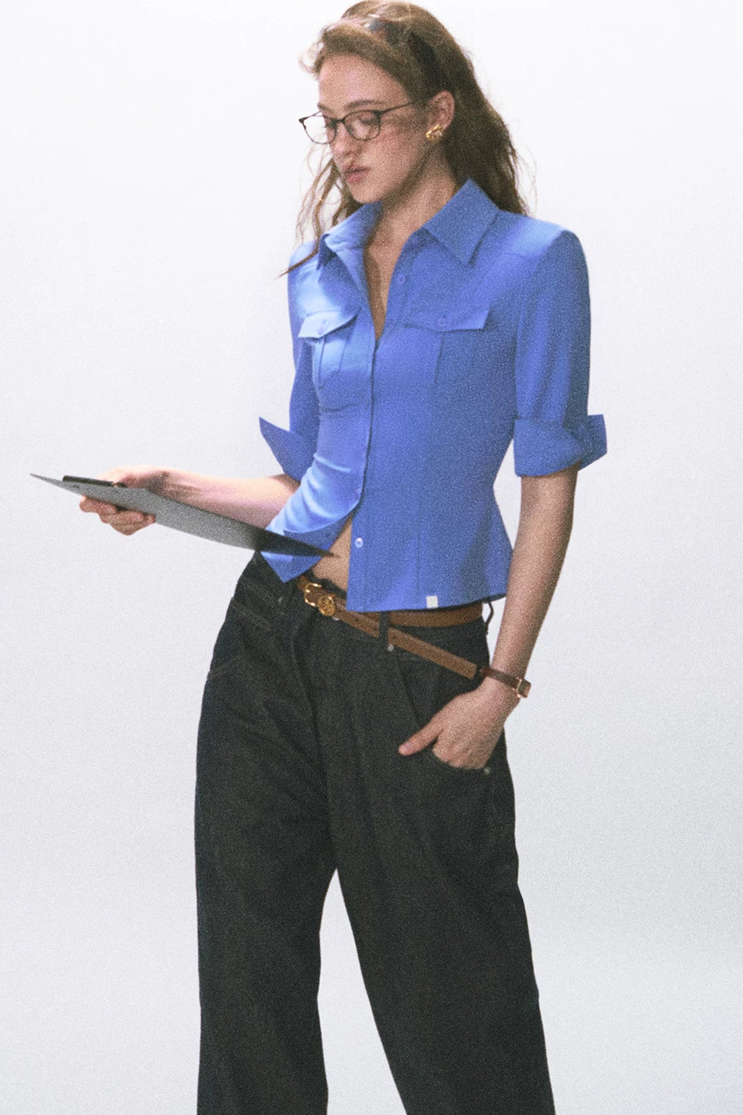 Mid-Sleeve Waist-Cinching Blouse