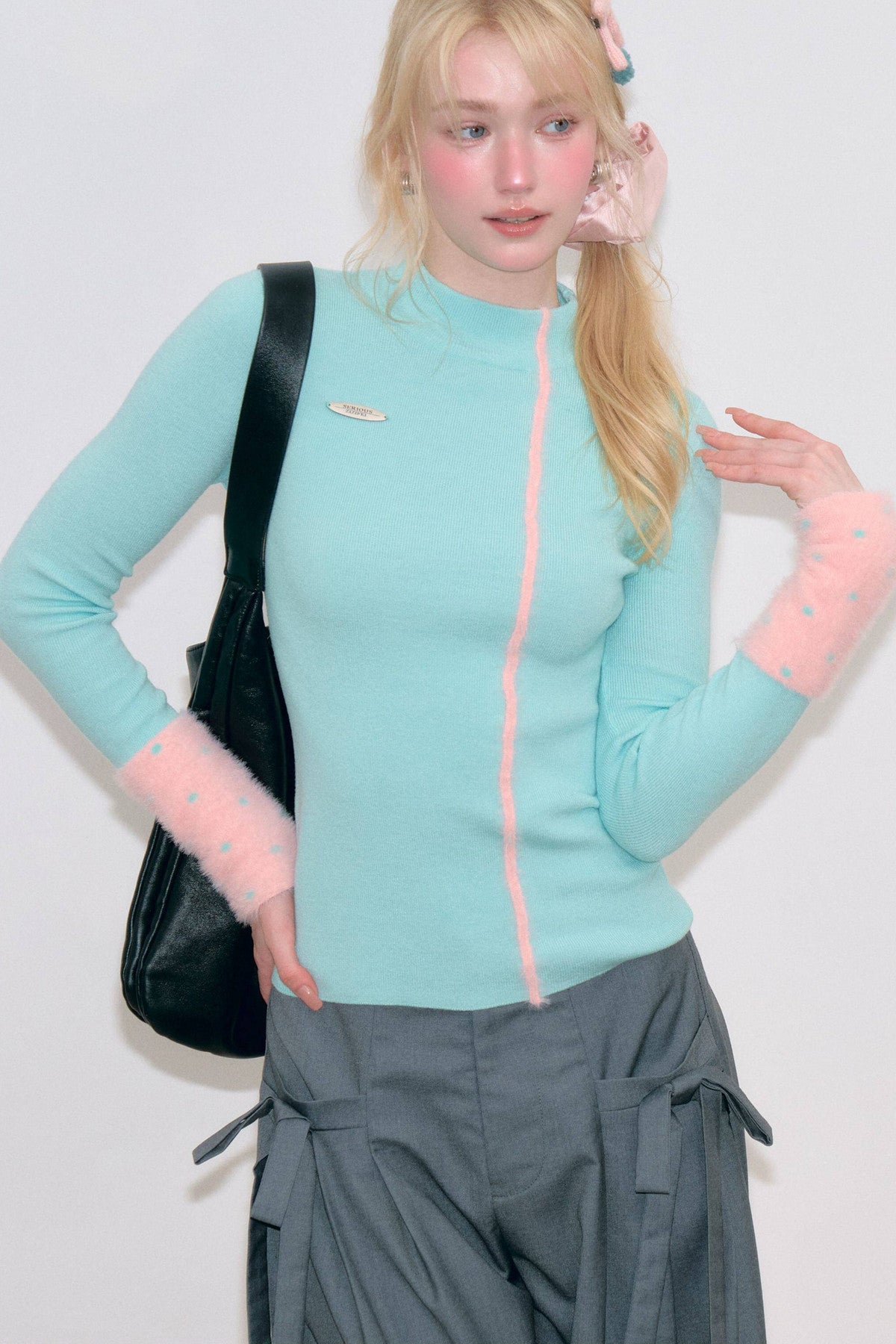 Blue High Neck Knit Top