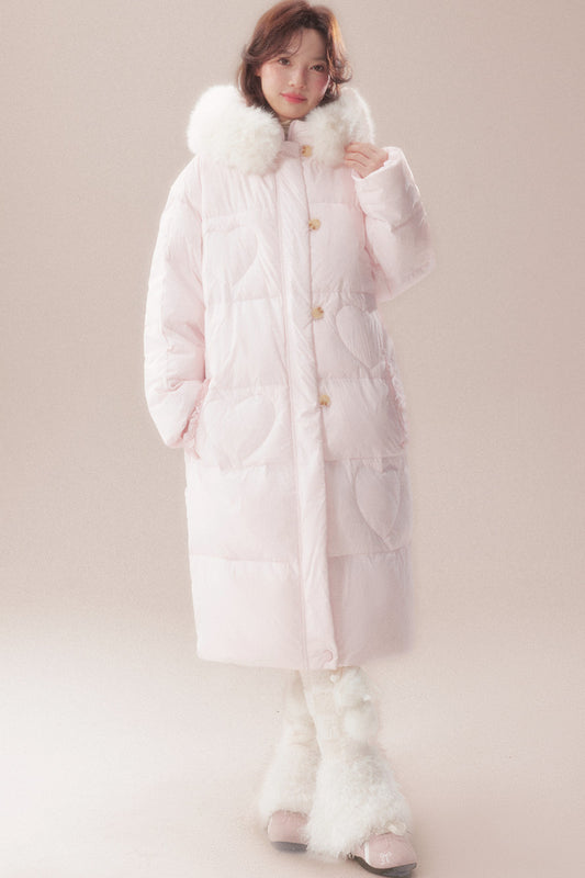 Long Heart Quilted Fur Collar Down Coat