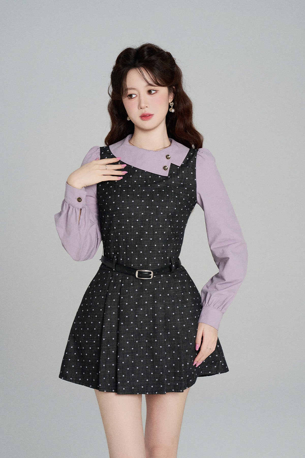 Black Purple Polka Dot Long Sleeve Dress