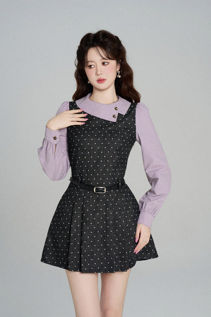 Black Purple Polka Dot Long Sleeve Dress