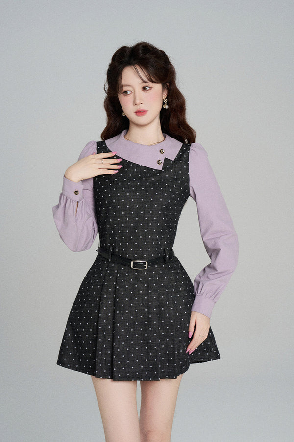 Black Purple Polka Dot Long Sleeve Dress