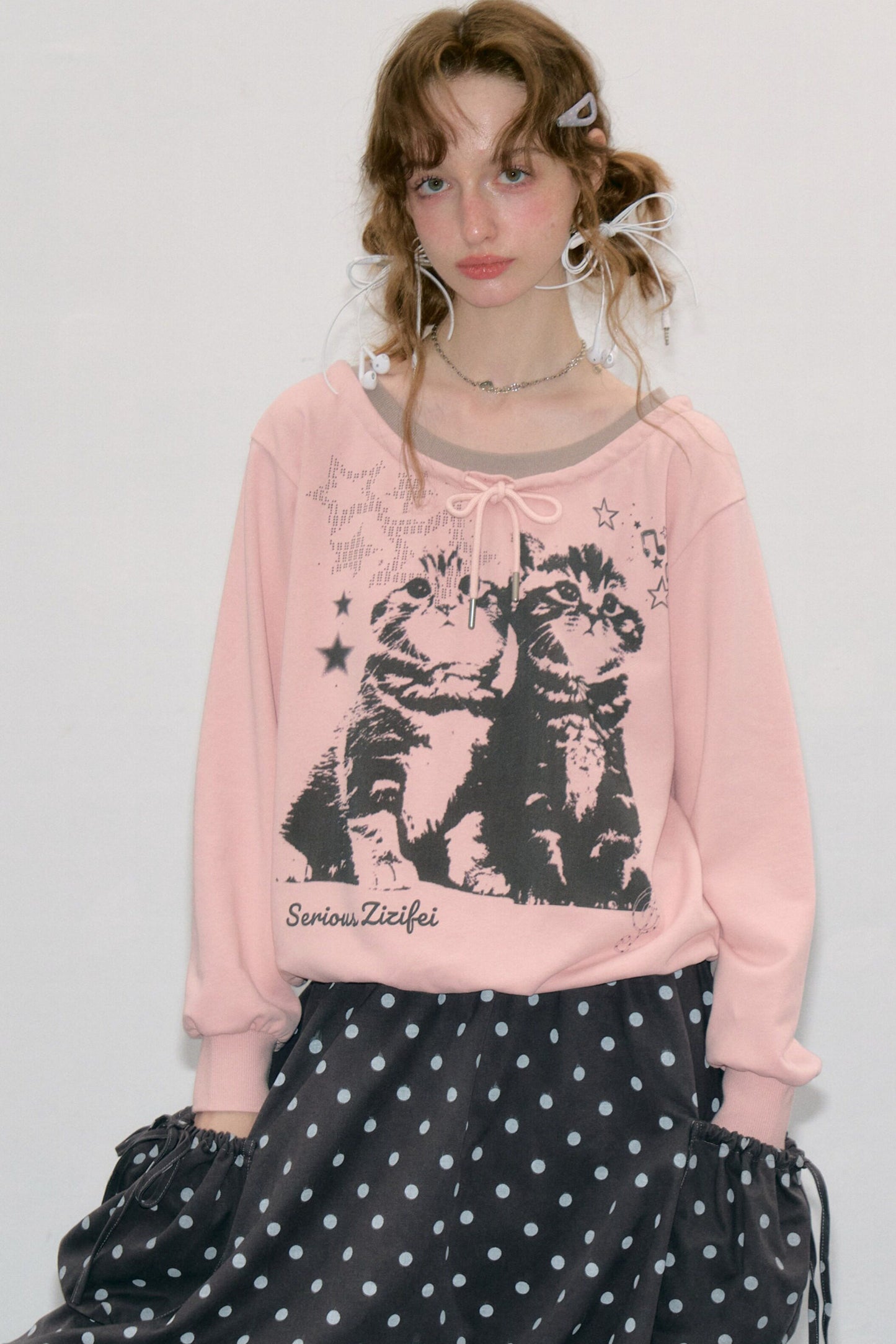 Pink Cat Print Tie Neck Sweatshirt