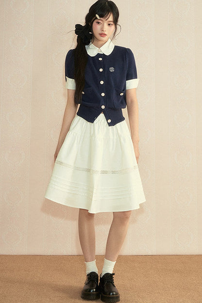 Color-Block Knit Cardigan and Pleated Skirt Set-Up