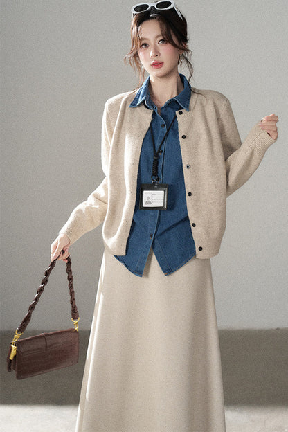 Layered-Look Denim Collar Sweater
