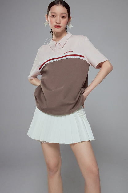 Color Block Lace Trim Cotton Polo