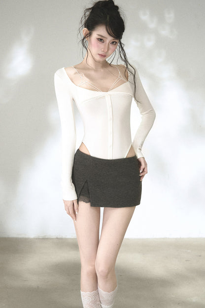 Body in maglia con orecchie da gatto e cintura da annodare