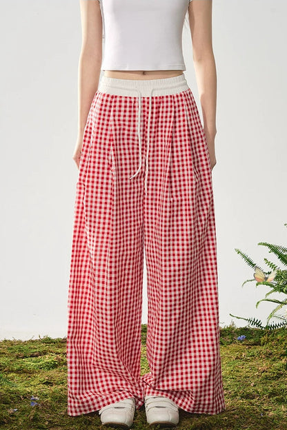 Red Plaid High-Waist Wide-Leg Pants