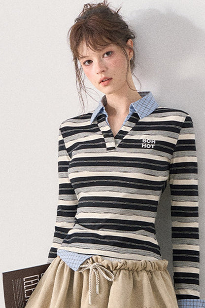 Striped Layered-Look Long-Sleeve Polo Shirt