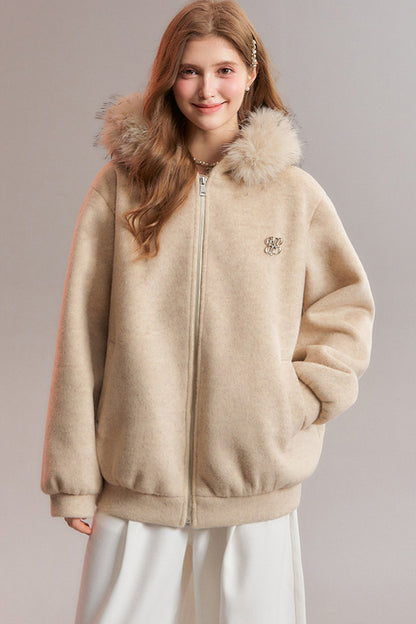 Hooded Fur Collar Woolen Jacket