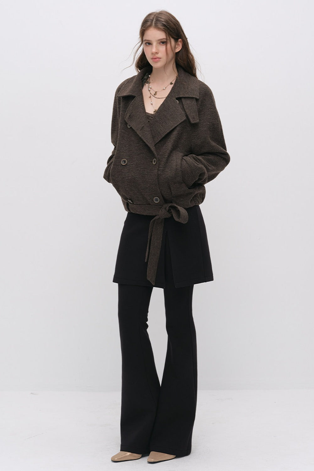 Layered-Look Slit Skirt-Style Flared Pants